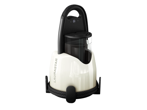A white and black Laurastar Lift portable steam iron with a power button.