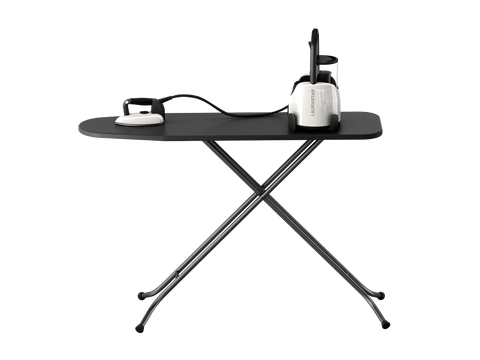 A white Laurastar Lift steam iron and ironing board are shown on a black background.