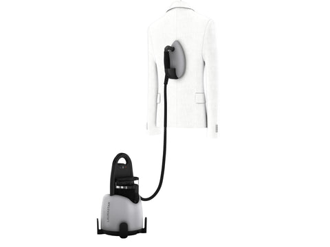 Laurastar Lift Xtra Steam Iron in aluminum, steaming a white jacket.