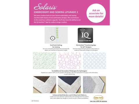 A pink flyer for the Baby Lock Solaris Embroidery & Sewing Upgrade 2, showing features and designs.