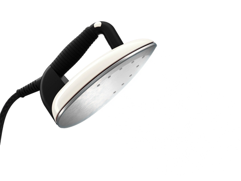 A white and black Laurastar Lift steam iron with a silver soleplate.