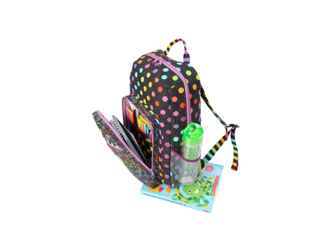Black quilted backpack with colorful polka dots, open to reveal school supplies, a water bottle, and a book.