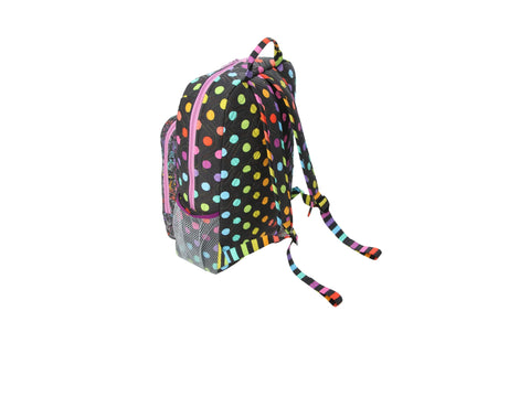 A black backpack with colorful polka dots and striped straps.