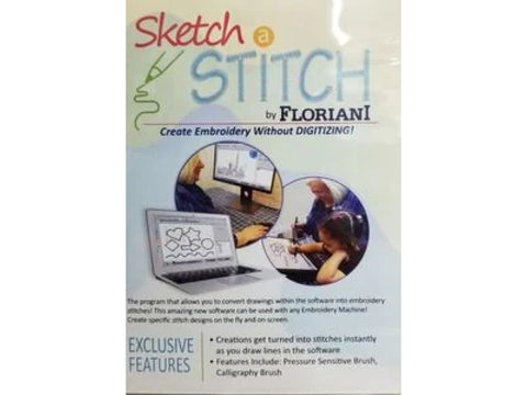 Floriani Sketch-A-Stitch Training DVD with software screenshots and people using it.