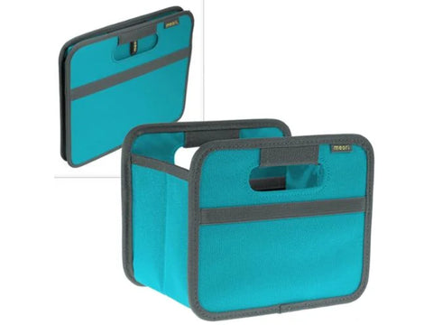 Azure blue Meori foldable mini box, shown both folded and open.