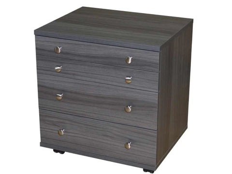 A gray wood grain four-drawer caddy with silver round knobs and small wheels.