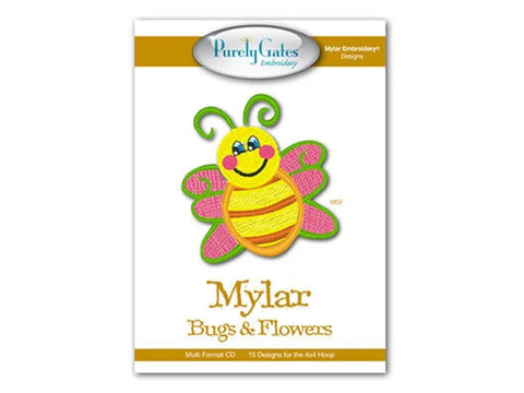 A CD cover for Purely Gates Mylar Bugs & Flowers, featuring a smiling bee.