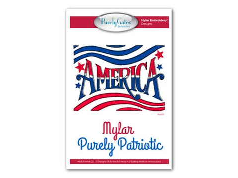 Mylar Purely Patriotic embroidery design CD with "AMERICA" in red, white, and blue.