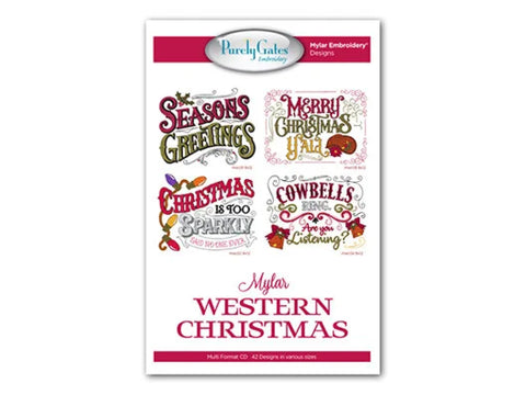 A white CD cover features four colorful Christmas-themed embroidery designs and text.