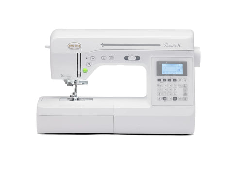 A white Baby Lock Presto II sewing and quilting machine is shown on a white background.