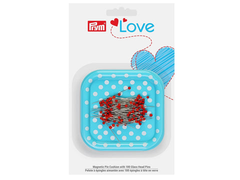 Prym Love magnetic pin cushion with 100 red glass head pins.