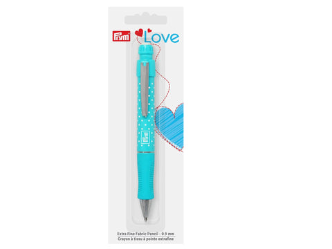 Turquoise Prym Love extra fine fabric pencil in packaging.