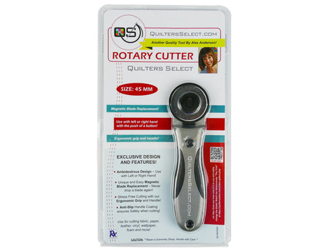 A Quilters Select 45mm Deluxe Rotary Cutter in its clear plastic packaging.