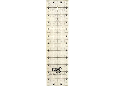 A clear 3 by 12 inch Quilters Select non-slip quilting ruler with black markings.
