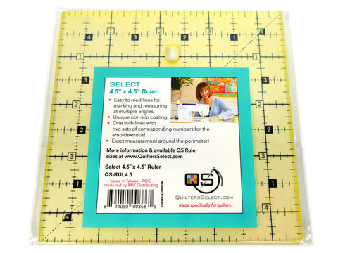 A yellow transparent 4.5" x 4.5" quilting ruler with a label featuring a woman sewing.