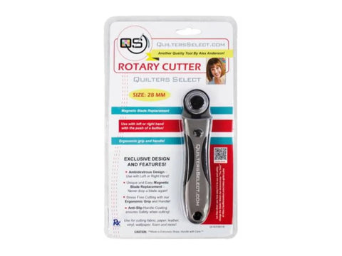 A Quilters Select 28mm Deluxe Rotary Cutter in its packaging.