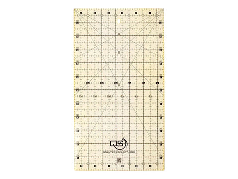 A clear acrylic quilting ruler with black grid lines and numbers, measuring 6.5 by 12 inches.