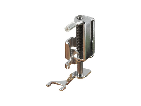 A silver metal open toe quilting foot for a sewing machine.