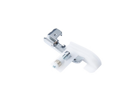 A Brother Serger Pearl & Sequins Foot, made of silver metal and white plastic.