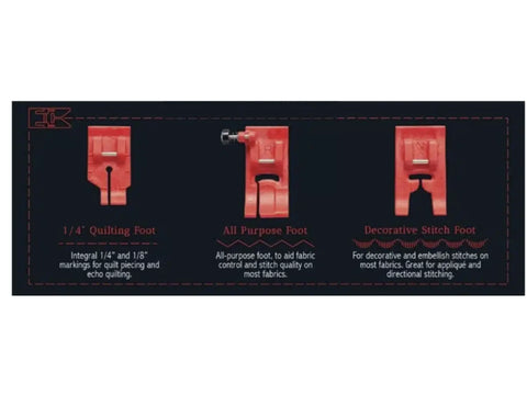 Three red sewing machine presser feet are displayed with their names and descriptions.