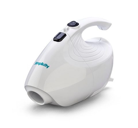 White Simplicity Flash handheld vacuum with a black power switch and handle.
