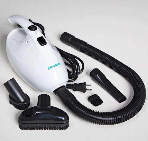 Simplicity Flash handheld vacuum with hose and various attachments on a white surface.