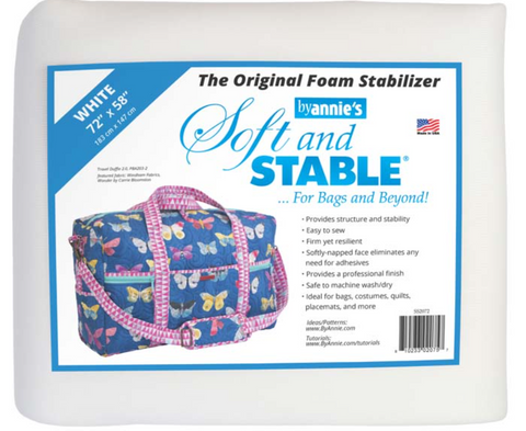 White Soft and Stable foam stabilizer, 72 by 58 inches, with a butterfly duffel bag example.