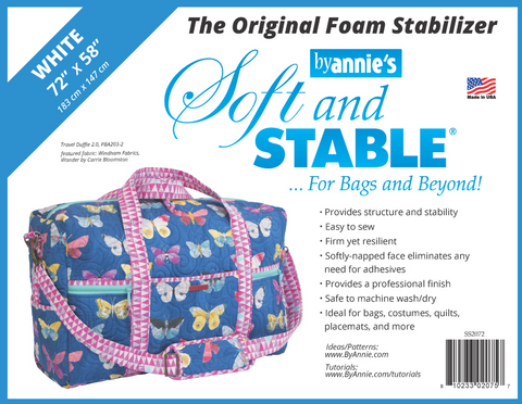 White Soft & Stable foam stabilizer, 72 by 58 inches, displayed with a butterfly-patterned duffle bag.