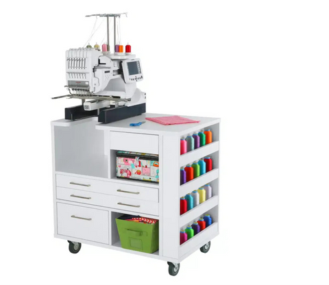 White embroidery cabinet with an embroidery machine, drawers, cubbies, and thread storage.