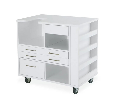 White rolling craft cabinet with multiple drawers, shelves, and spool storage.