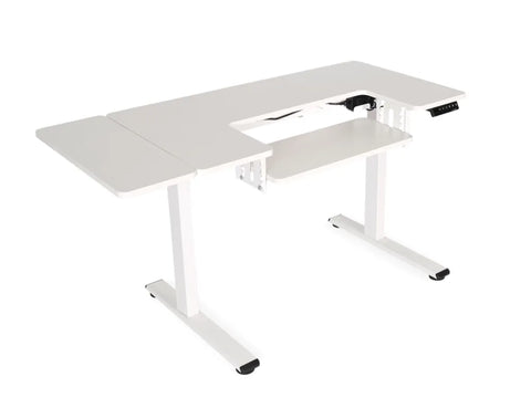 White electric height-adjustable sewing and cutting table with a U-shaped cutout.