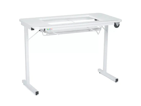 White Arrow Gidget II sewing table with a manual lift and wheels.