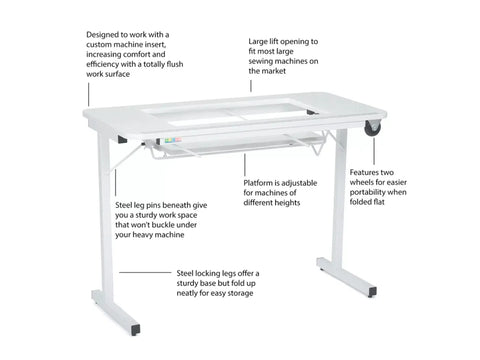White sewing table with an adjustable platform, locking steel legs, and two wheels.
