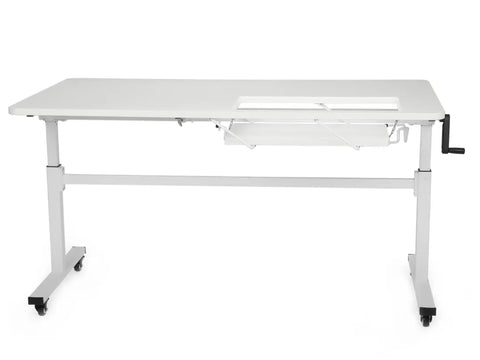 A white height-adjustable sewing table with a cutout for a sewing machine.