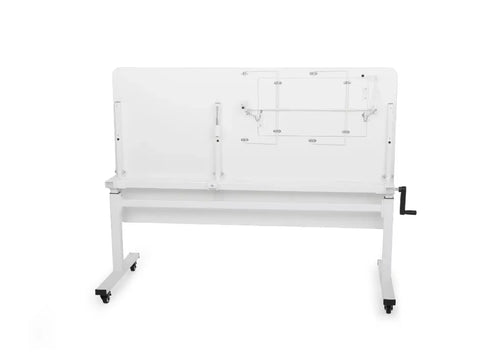 White sewing and cutting table with a crank handle and wheels.