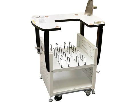 Baby Lock Deluxe Multi-Needle Embroidery Machine Stand with a U-shaped top and storage.