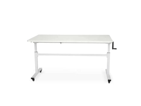 White height-adjustable cutting table and workstation with casters.
