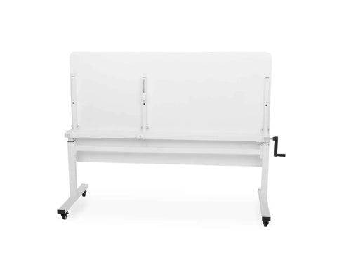 White height-adjustable cutting table and workstation with casters and a crank handle.