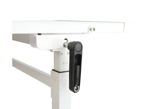 A close-up of a white height-adjustable table with a black crank handle.