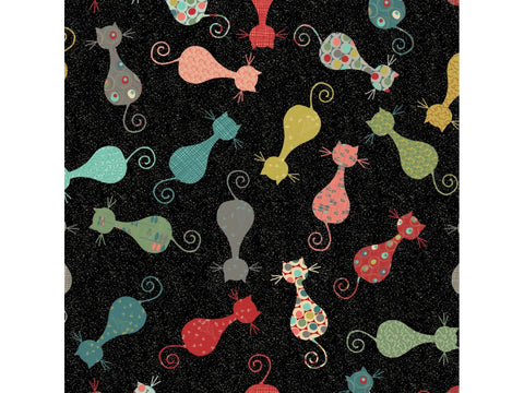 A black fabric with a repeating pattern of colorful, stylized cats.