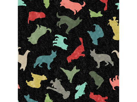 A black fabric with colorful dog silhouettes in various poses.