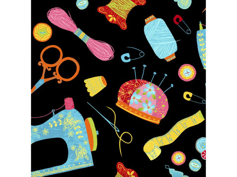 A black background with various colorful sewing notions, including a sewing machine, thread, scissors, and buttons.