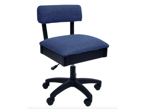 Blue hydraulic sewing chair with a black base and wheels.