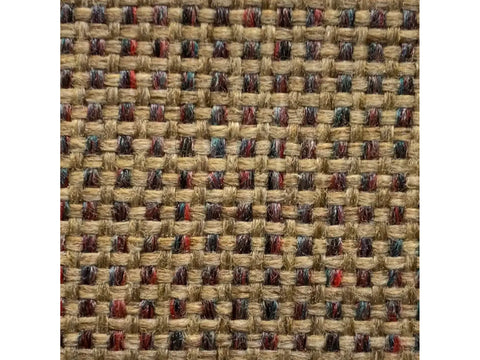 A close-up of a woven fabric with tan, red, and blue threads.