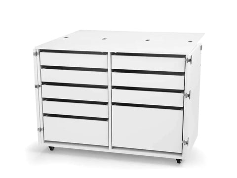 White storage cabinet with nine drawers and a foldable top, on wheels.