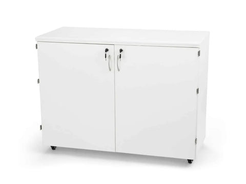 White storage cabinet with two locking doors and handles, on casters.