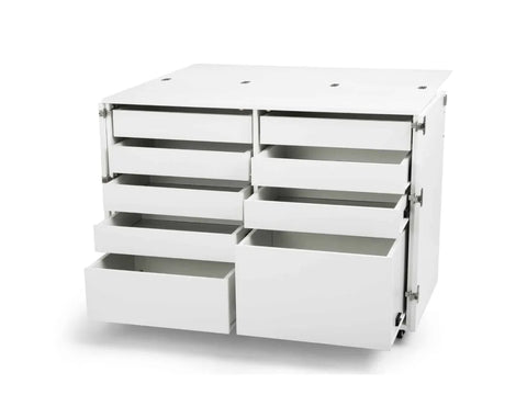 White storage cabinet with nine open drawers and a partially unfolded top.