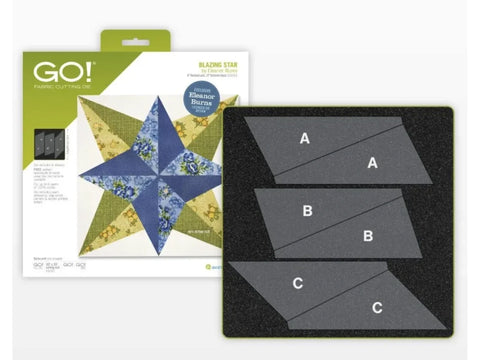 A GO! Blazing Star fabric cutting die and its packaging are displayed.