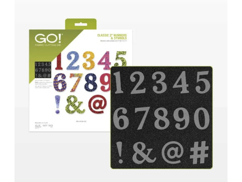 AccuQuilt GO! Classic 2" Numbers & Symbols fabric cutting die and packaging.