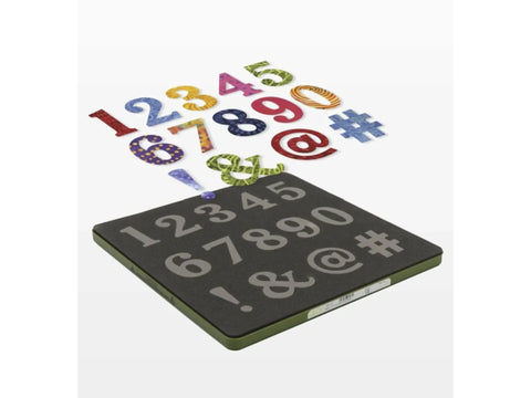 AccuQuilt GO! Classic 2" Numbers & Symbols die with colorful fabric cutouts.
